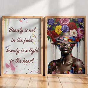 Black Woman Flower Head Wall Art, Bohemian Black Girl Wall Art Set of 2 Digital, African American Woman Art, Black Female Portrait Wall Art