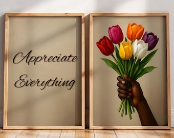Power in Bloom Print, Black Woman Wall Art Digital, Eclectic Wall Art Poster, Black Girl Wall Art Set of 2, Black Girl Holding Flowers Art
