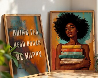 Leesgrage digitale muurkunst, zwarte vrouw kunst 2-delig, print boekenliefhebber, thee drinken boeken lezen Be Happy, zwarte meisjeskunst, Afro-Amerikaanse kunstwerken