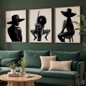 黒人少女のウォールアート3点セット、黒人女性のアートポスタープリント、白黒アフリカ系アメリカ人アートデジタルダウンロード、官能的な女性のボディアート