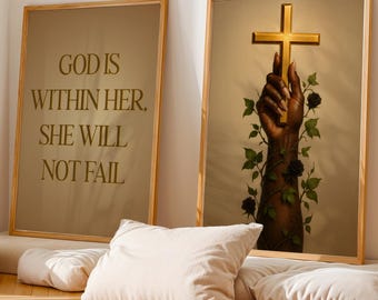 Christian Black Girl Wall Art Set of 2, Black Woman Christian Wall Art Print, God is Within Her Wall Art Decor, Black People Religious Art