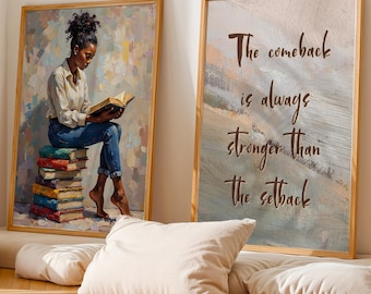 Black Woman Reading Book Art Prints, Trendy Black Girl Wall Art Set Of 2, Black Woman Wall Art, African American Art, Reading Nook Decor