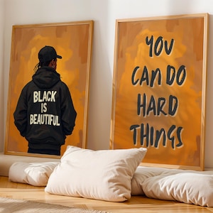 Black Man Wandkunst 2er-Set Drucke, Afroamerikanermannkunst, Schwarz ist schönes Plakat, schwarze Kulturwandkunst, du kannst harte Sachen Kunst machen