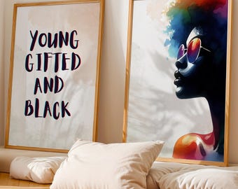 Black Woman Wall Art Digital Print, Trendy Black Girl Wall Art Set of 2, Black Girl Magic Afro Woman Art, Young Gifted and Black Wall Art