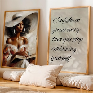 Black Woman Reading Book Art Print, Vintage Female Portrait Wall Art, Black Girl Affirmation Wall Art Digital, Black Woman Wall Art Set Of 2