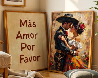 Mexican Lovers Art Set Of 2, Mas Amor Por Favor, Rustic Mexico Print, Mariachi Painting, Eclectic Wall Art, Romantic Couple Art Download