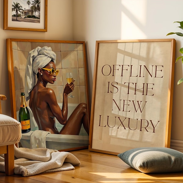Black Girl Bathroom Wall Art Set of 2, Luxury Black Woman Bathroom Wall Art Print, Sensual African American Art, Offline is The New Luxury