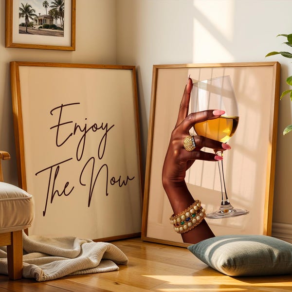 Trendy Black Girl Wall Art Set of 2, Black Woman Holding Wine Glass Art, Luxury Black Woman Wall Art Set of 2 Print, Black Girl Bar Cart Art