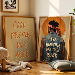 Schwarzer Mann Wandkunst 2er-Set Drucke, Afroamerikanermannkunst, coole Leute leben hier Druck digital, Vintage schwarze Kunst, schwarze Kulturwandkunst