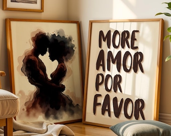 Schwarzes Paar Wand Kunst digitaler Download, mehr Amor Por Favor Kunstdruck, druckbare schwarze Liebe Wand Kunst 2er-Set, afroamerikanisches Paar Kunst