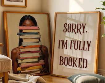 Bookish Wall Art Set Of 2, Black Girl Art, Sorry I'm Fully Booked, Black Woman Print, Reading Nook Decor, African American, Digital Download