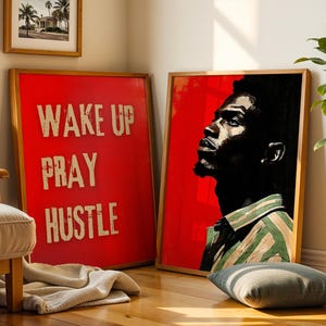 Schwarzer Mann Wandkunst 2er-Set Drucke, Afroamerikanermannkunst, Schwarzer Mann Porträtkunst, Afrikanische Volkskunst, Wachen Sie auf, beten Sie Hustle, schwarze urbane Kunst