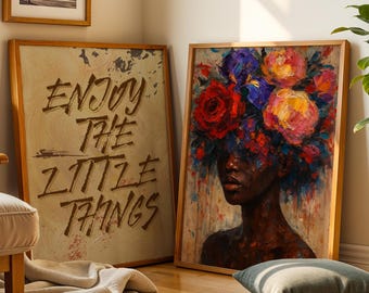 Black Woman Flower Head Wall Art, Bohemian Black Girl Wall Art Set of 2 Digital, African American Woman Art, Enjoy The Little Things Poster
