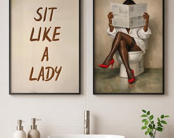 Black Woman Bathroom Wall Art, Black Girl Art Set Of 2, Afrocentric Artwork, Woman Reading Newspaper Print, African American Art Download