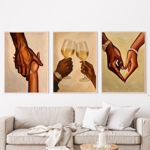 Schwarzes Paar Wand Kunst Drucke 3 Set Digital, Schwarze Liebe Wand Kunst 3er Set, Schwarzes Paar Händchen haltend Wandkunst, Afroamerikanisches Paar Kunst