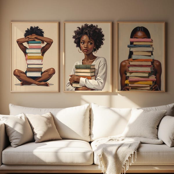 Black Girl Wall Art Set Of 3, Afrocentric Wall Art, Bookish Art Prints Digital, African American Art, Black Women Artwork, Book Lover Poster