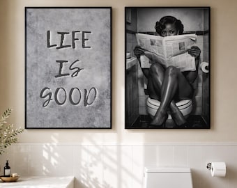 Retro Black Woman Bathroom Print,  Girl Reading Newspaper On Toilet, Black and White African American Poster, Afrocentric Wall Art Set Of 2