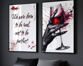 Black Woman with Wine Glass Painting, Bar Cart Print, Black Girl Wall Art Set of 2, Afrocentric Artwork, African American Digital Download