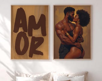Sensual Black Couple Art Print, Afrocentric Art, Black Love Wall Art Set Of 2, African American Art, Amor Poster Digital, Black People Art