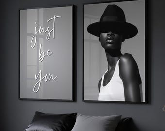 Black Girl Wall Art Set Of 2, Afrocentric Print, Black Woman Art, Black and White African American, Motivational Poster, Digital Download