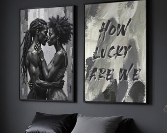 Black Couple Wall Art Set Of 2, Sensual Love Painting, Black and White African American Art, Afrocentric Artwork, How Lucky Are We Print