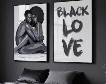 Sensual Black Couple Wall Art, Romantic Love Art Set Of 2, Black and White African American Poster, Black People Print, Digital Download