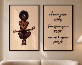 Yoga Pose Poster, Black Woman Art, African American Wall Art Set Of 2, Mindfulness Print, Black Girl Artwork, Meditation Wall Decor Download