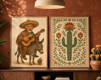 Mexican Folk Art Set Of 2, Funny Mariachi Poster, Rustic Mexico Print, Eclectic Wall Art, Cactus Painting, Charro Artwork, Digital Download
