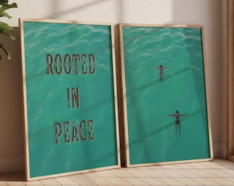 Tiny People Swimming in Ocean Art, Summer Wall Art Set Of 2, Black Couple Artwork, Minimalist Wall Decor, African American Print Download