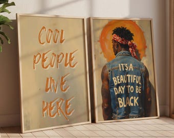 Conjunto de 2 peças de arte de parede masculina, arte de homem negro, impressão de história negra, pôster "Pessoas legais moram aqui", arte afrocentrada, arte afro-americana
