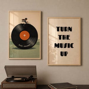 Retro vinylskivkonst, tryck av svart kvinna, konst med små människor, discjockeymålning, höj musiken, minimalistisk väggkonst set om 2 för nedladdning