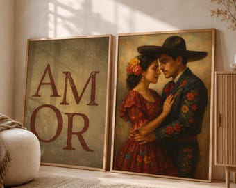 Mexican Lovers Art Set Of 2, Rustic Mexico Print, Eclectic Wall Art, Mariachi Painting, Amor Poster, Romantic Couple Art, Digital Download