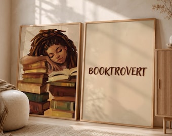 Bookish Wall Art Set Of 2, Black Woman Print, Book Stack Painting, Booktrovert Poster, African American, Girl Reading Art, Digital Download