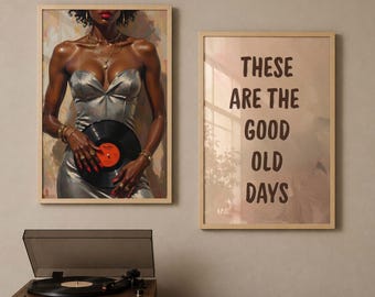 Lámina de vinilo retro, conjunto de 2 láminas de arte mural de mujer negra, afroamericana, póster "Estos son los buenos viejos tiempos", descarga digital de pintura al óleo