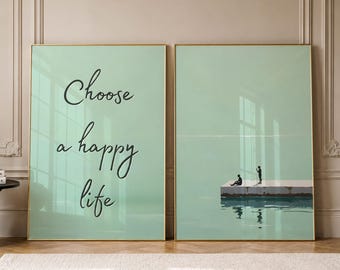 Tiny People Art, Summer Vibes Wall Art Set Of 2, Coastal Print, Minimalist Wall Decor, Choose A Happy Life Poster, Beach House Artwork