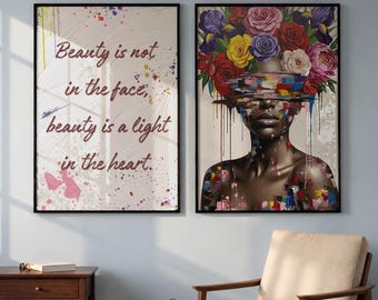 Arte de cabeza de flor de niña negra, conjunto de 2 láminas de arte de pared de mujer negra, estampado afrocéntrico, afroamericano, póster inspirador, descarga digital