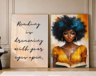 Bookish Wall Art Set Of 2, Black Woman Print, Girl Reading Nook Decor, African American Painting, Book Lover Poster, Digital Download