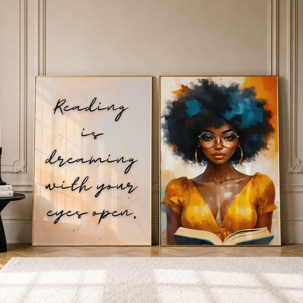 Bookish Wandkunst 2er Set, schwarze Frau Druck, Mädchen Leseecke Dekor, afroamerikanische Malerei, Buchliebhaber Poster, digitaler Download