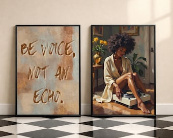 Retro Vinyl Record Art, Black Girl Wall Art Set of 2, Black Woman Art, Afrocentric Artwork, Music Lover Print, African American Art Download