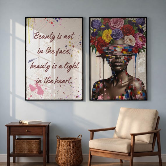 Black Girl Flower Head Art, Black Woman Wall Art Set Of 2, Afrocentric Print, African American, Inspirational Poster, Digital Download