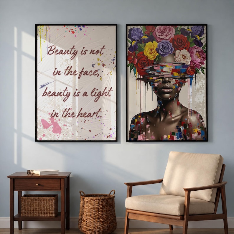 May include: Two framed art prints. One has the text "Beauty is not in the face, beauty is a light in the heart" with paint splatters. The other shows a woman with a floral headpiece and colourful paint details.
