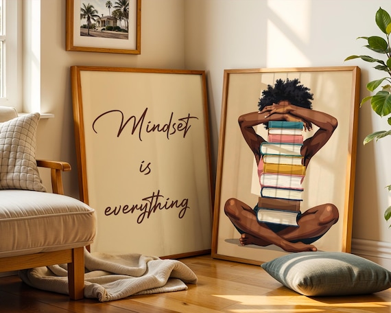 Bookish Wall Art Print, Black Woman Art, Afrocentric Artwork, Black Girl Art Set Of 2, African American Art, Mindset is Everything Poster