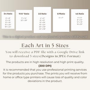 May include: Image showcasing five different aspect ratios for art prints, including 3:4, 11:14, 2:3, 5:7, and 4:5, with corresponding size options in inches. Text indicates this is a digital product with five sizes available.