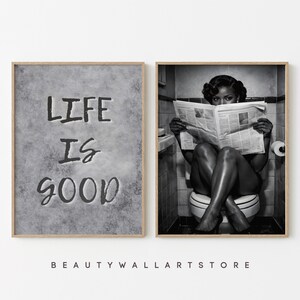 Retro Black Woman Bathroom Print, Girl Reading Newspaper On Toilet, Black and White African American Poster, Afrocentric Wall Art Set Of 2 image 8