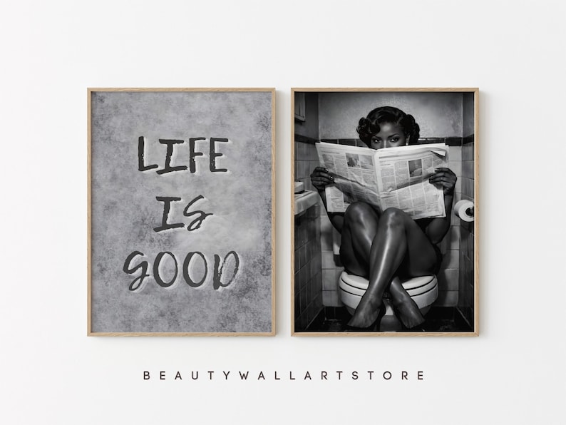 Retro Black Woman Bathroom Print, Girl Reading Newspaper On Toilet, Black and White African American Poster, Afrocentric Wall Art Set Of 2 image 8