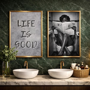Retro Black Woman Bathroom Print, Girl Reading Newspaper On Toilet, Black and White African American Poster, Afrocentric Wall Art Set Of 2 image 2