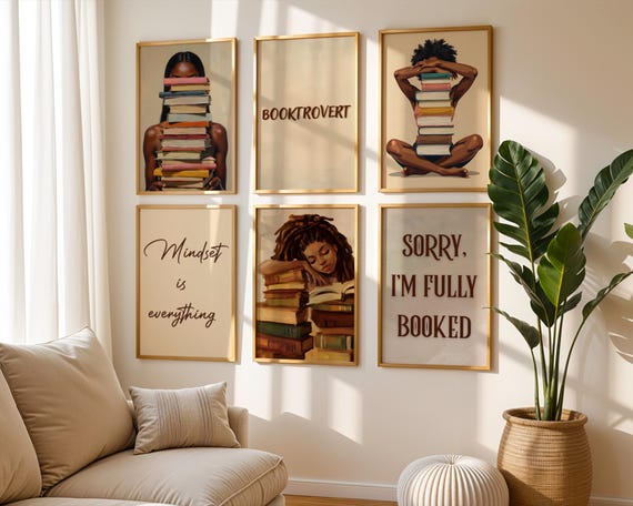 Bookish Wall Art Bundle, Black Woman Prints, Reading Nook Decor, 6 Set African American Poster, Inspirational Artwork, Digital Download