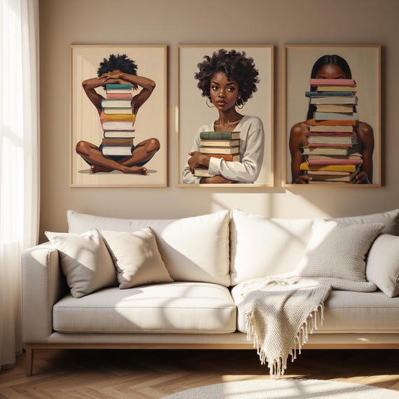 Black Girl Wall Art Set Of 3, Afrocentric Wall Art, Bookish Art Prints Digital, African American Art, Black Women Artwork, Book Lover Poster