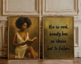 Bookish Wall Art Set Of 2, Black Woman Art, Afrocentric Print, Black Girl Painting, African American, Reading Nook Decor, Digital Download