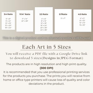 May include: Image showcasing five different aspect ratios for art prints, including 3:4, 11:14, 2:3, 5:7, and 4:5. Each ratio lists corresponding print sizes in inches. Text indicates this is a digital product with five sizes available.